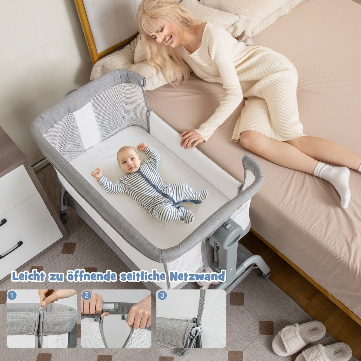 4 in 1 Mobiles Babybett Mit Moskitonetz & Matratze & 6 Verstellbaren Höhen Grau