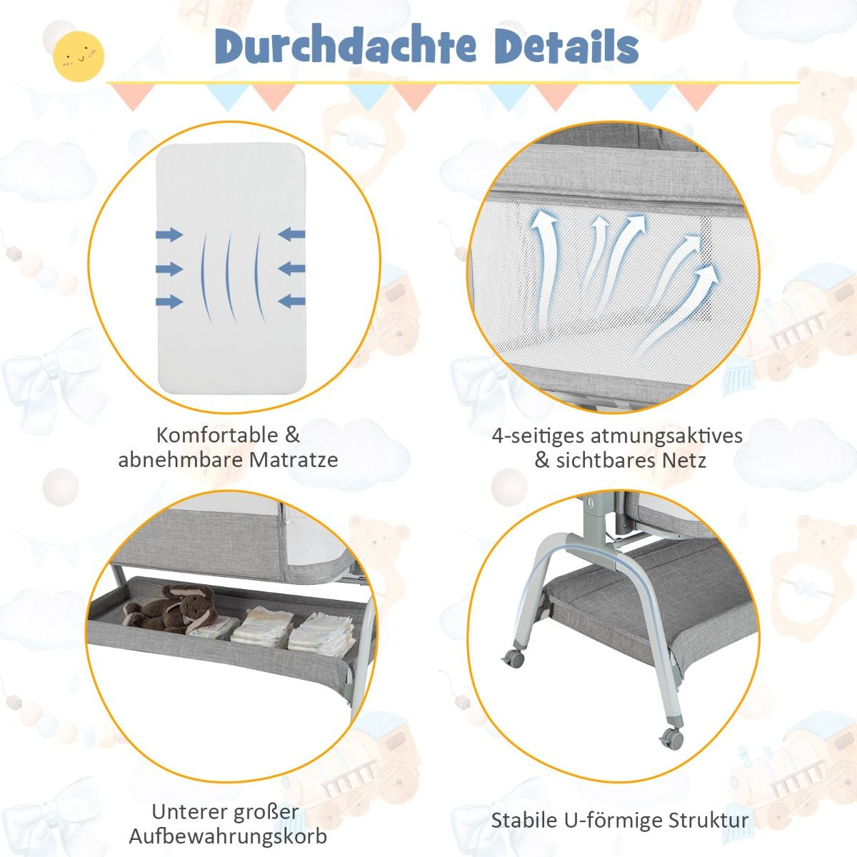 4 in 1 Mobiles Babybett Mit Moskitonetz & Matratze & 6 Verstellbaren Höhen Grau