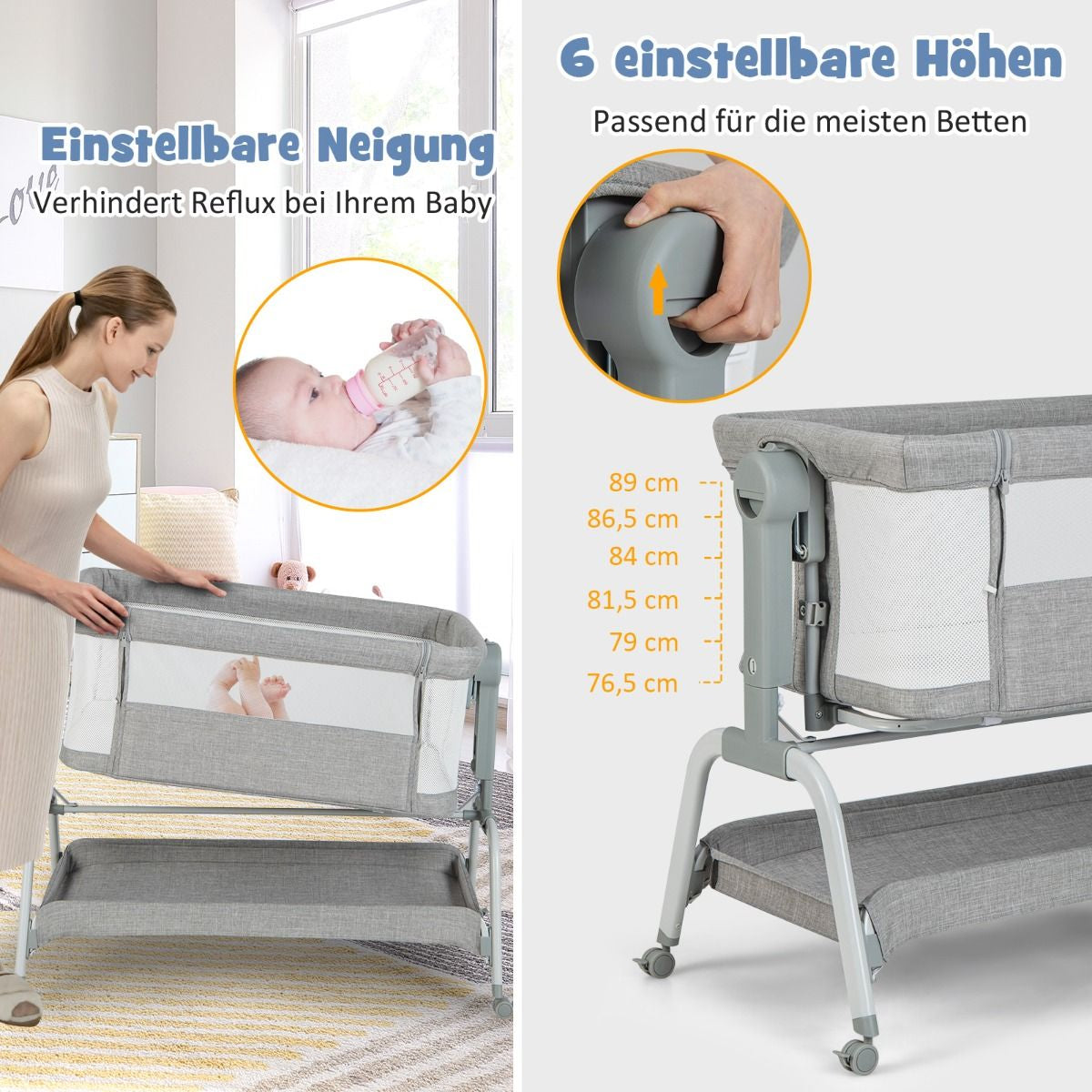 4 in 1 Mobiles Babybett Mit Moskitonetz & Matratze & 6 Verstellbaren Höhen Grau