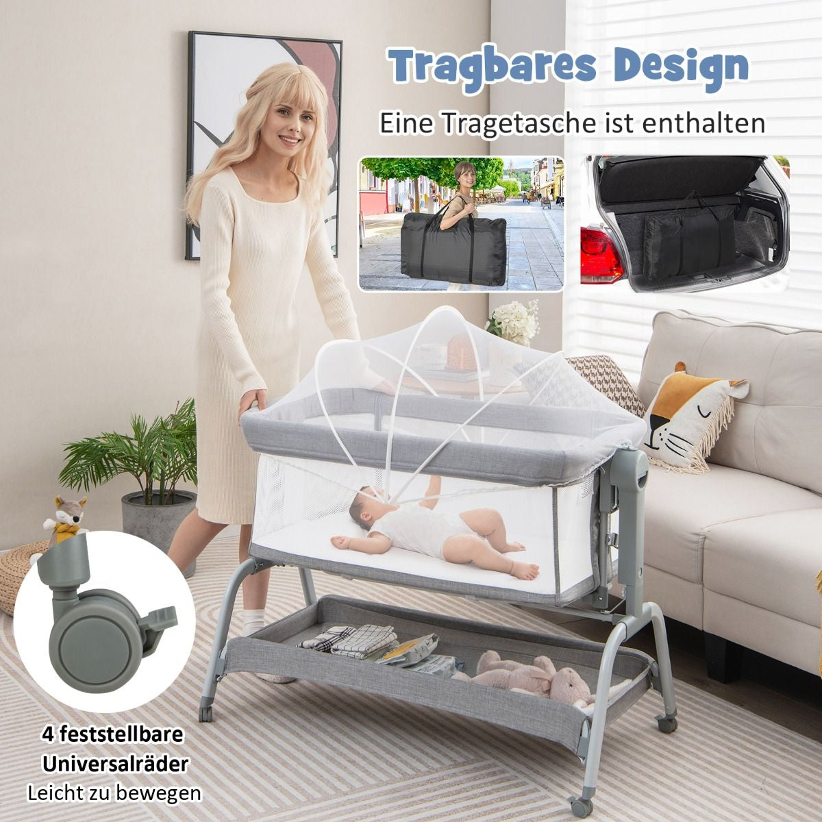 4 in 1 Mobiles Babybett Mit Moskitonetz & Matratze & 6 Verstellbaren Höhen Grau