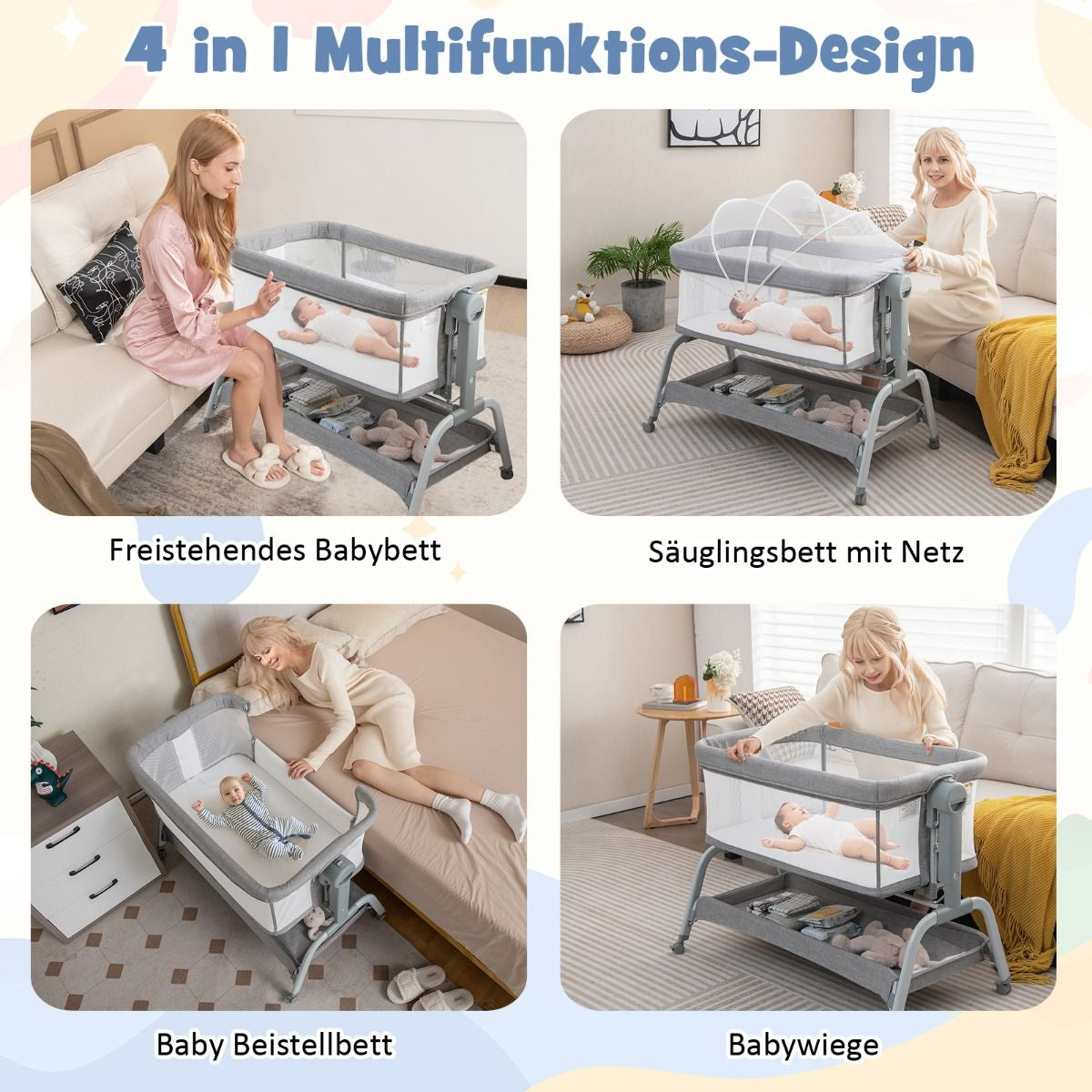 4 in 1 Mobiles Babybett Mit Moskitonetz & Matratze & 6 Verstellbaren Höhen Grau