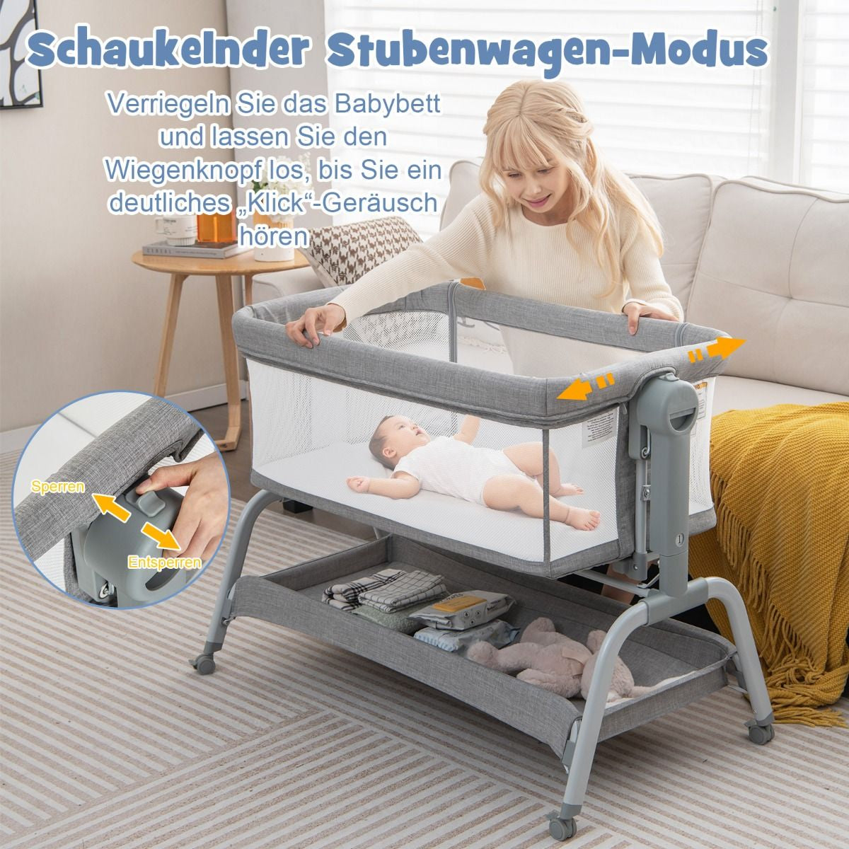 4 in 1 Mobiles Babybett Mit Moskitonetz & Matratze & 6 Verstellbaren Höhen Grau