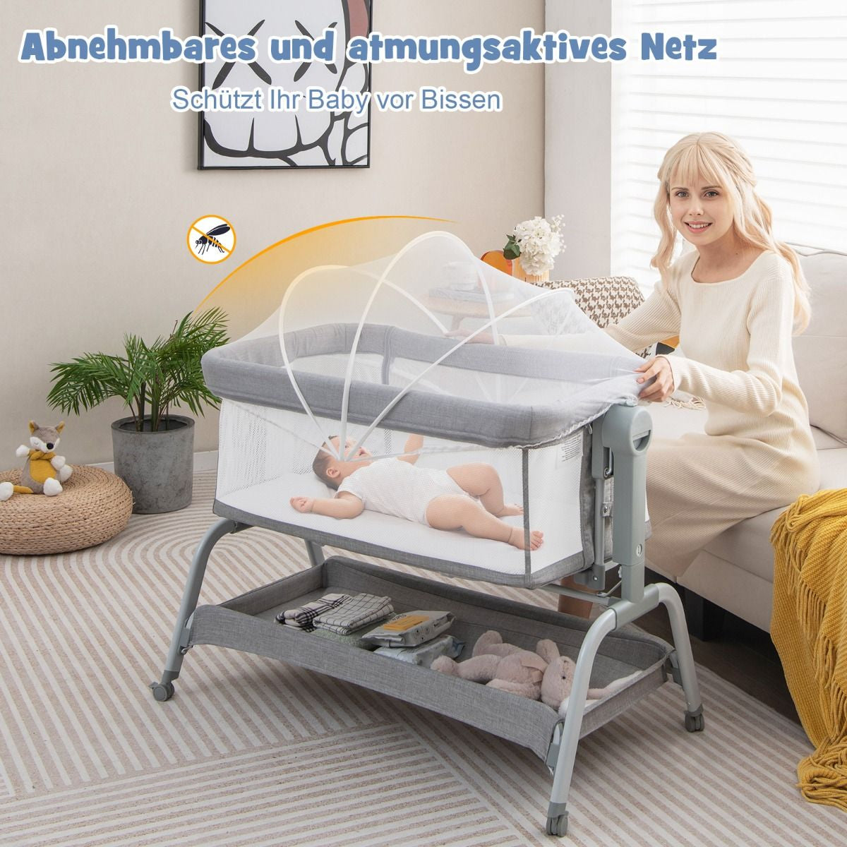 4 in 1 Mobiles Babybett Mit Moskitonetz & Matratze & 6 Verstellbaren Höhen Grau